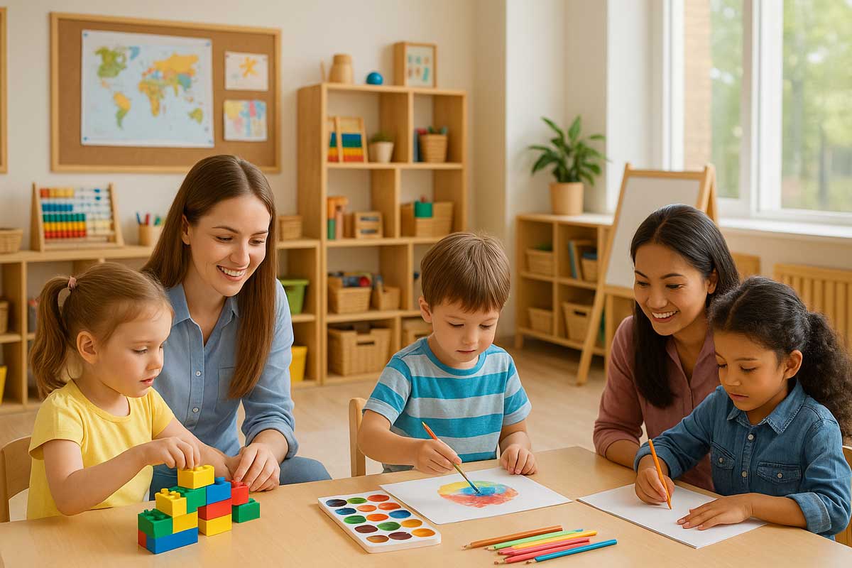 Children learning through play with educators in a bright kindergarten classroom in Craigieburn